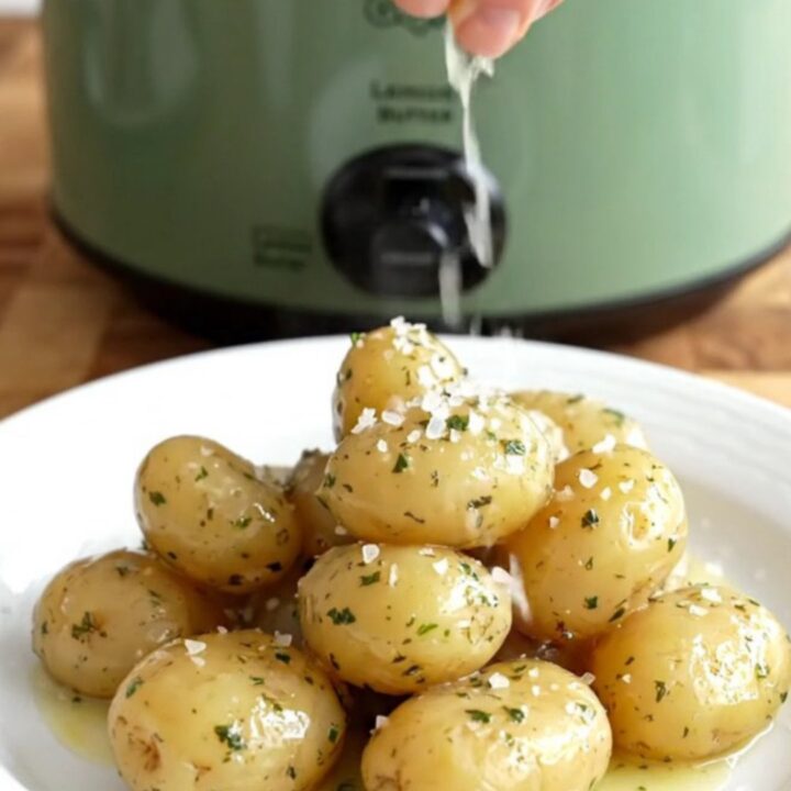 A close-up of buttery fingerling potatoes in a sage-green slow cooker, garnished with fresh dill and lemon zest.