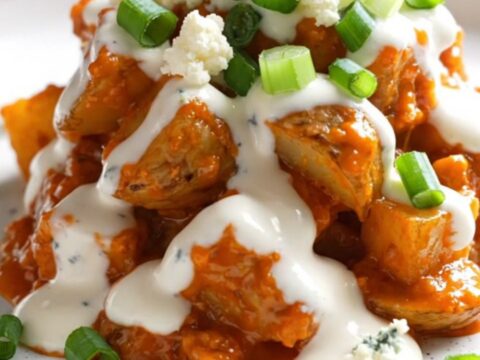 A close-up view of steaming buffalo ranch potatoes in a slow cooker, topped with melted cheese, blue cheese, and scallions.