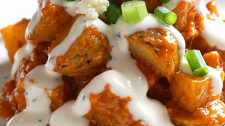 A close-up view of steaming buffalo ranch potatoes in a slow cooker, topped with melted cheese, blue cheese, and scallions.