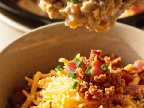 A steaming, creamy loaded baked potato casserole in a white ceramic slow cooker with melted cheese and bacon.