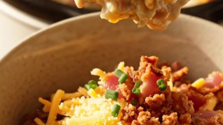 A steaming, creamy loaded baked potato casserole in a white ceramic slow cooker with melted cheese and bacon.
