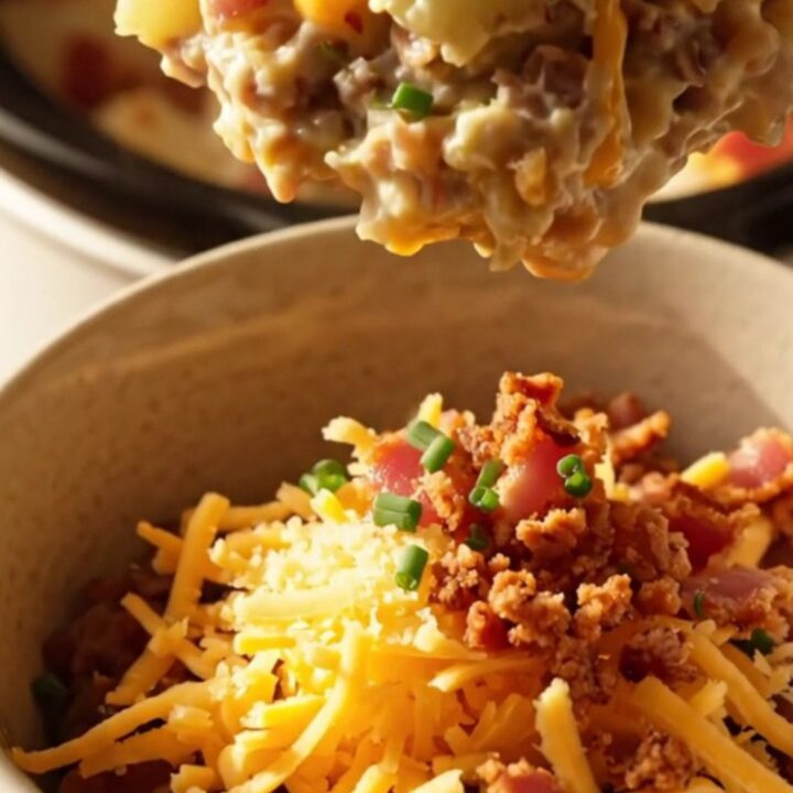 A steaming, creamy loaded baked potato casserole in a white ceramic slow cooker with melted cheese and bacon.