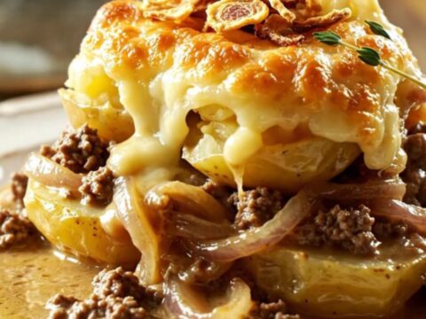 A close-up of a spoonful of French onion scalloped potatoes with a long, dramatic Gruyère cheese pull.