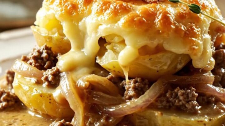 A close-up of a spoonful of French onion scalloped potatoes with a long, dramatic Gruyère cheese pull.