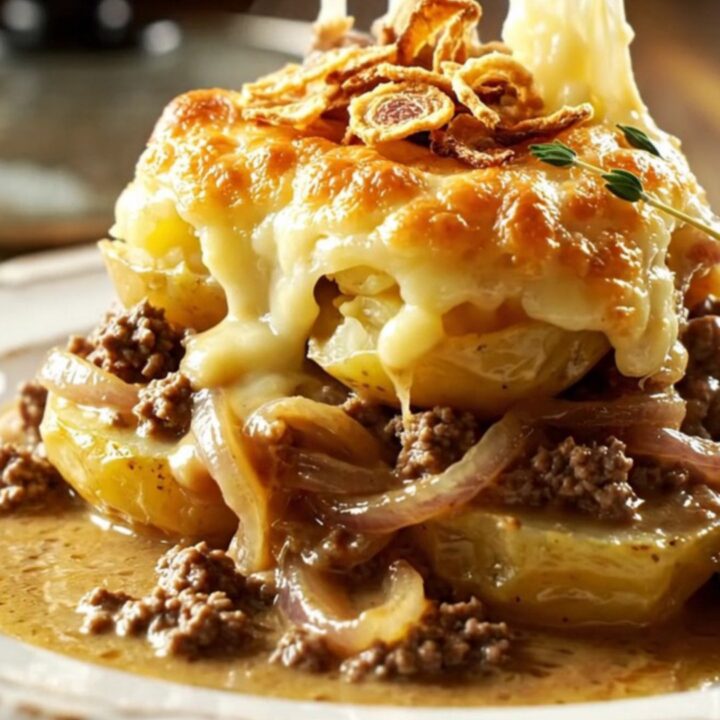 A close-up of a spoonful of French onion scalloped potatoes with a long, dramatic Gruyère cheese pull.