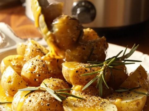 A close-up of glossy, honey-mustard glazed fingerling potatoes in a cream stoneware slow cooker.