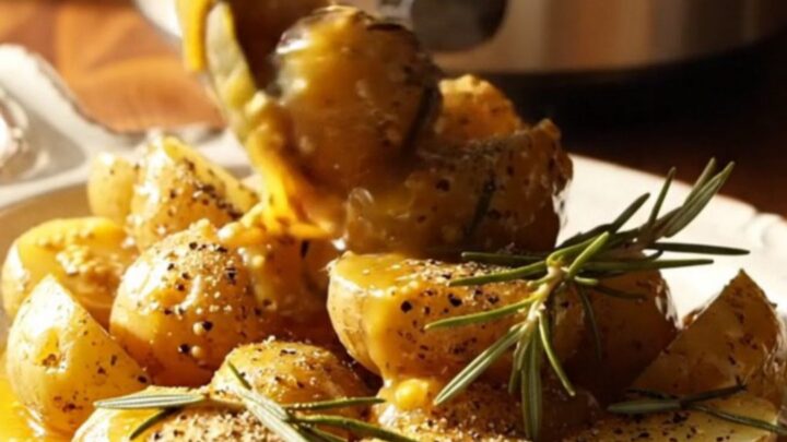 A close-up of glossy, honey-mustard glazed fingerling potatoes in a cream stoneware slow cooker.