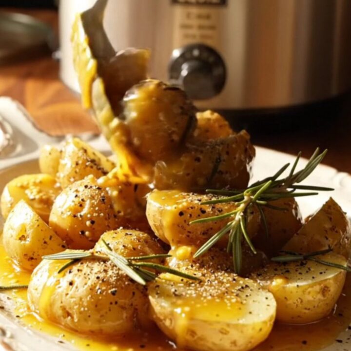 A close-up of glossy, honey-mustard glazed fingerling potatoes in a cream stoneware slow cooker.