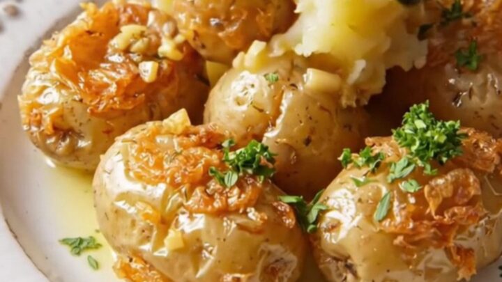 A close-up of golden-crusted melting butter potatoes in a ceramic crockpot, showing crispy edges and fresh herbs.