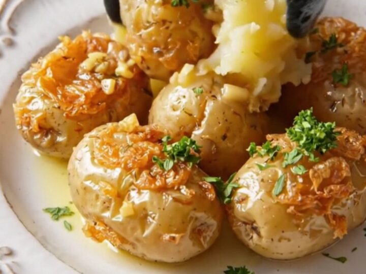 A close-up of golden-crusted melting butter potatoes in a ceramic crockpot, showing crispy edges and fresh herbs.