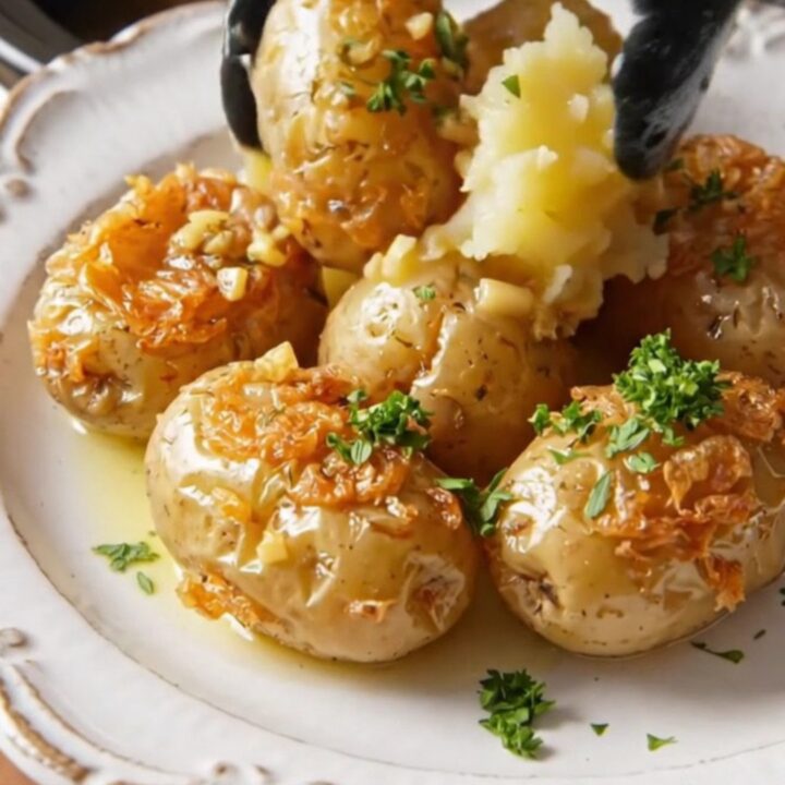 A close-up of golden-crusted melting butter potatoes in a ceramic crockpot, showing crispy edges and fresh herbs.