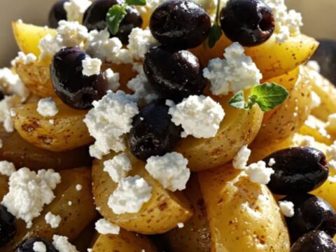 A close-up of fork-tender Greek lemon oregano potato wedges in a ceramic slow cooker, garnished with feta.