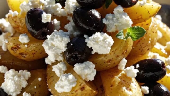 A close-up of fork-tender Greek lemon oregano potato wedges in a ceramic slow cooker, garnished with feta.