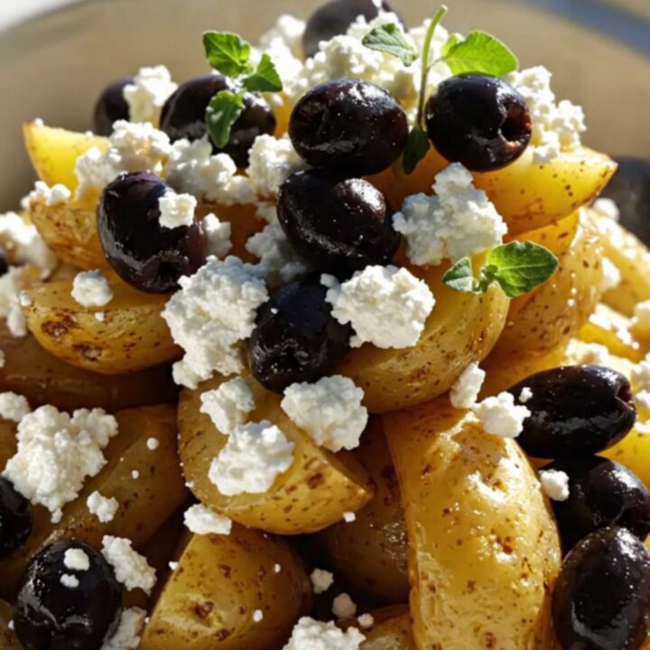 A close-up of fork-tender Greek lemon oregano potato wedges in a ceramic slow cooker, garnished with feta.