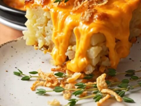 A close-up of a serving of smoked Gouda potato gratin with visible cheese ribbons and herbs.
