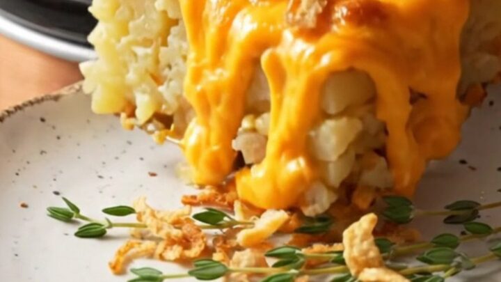 A close-up of a serving of smoked Gouda potato gratin with visible cheese ribbons and herbs.