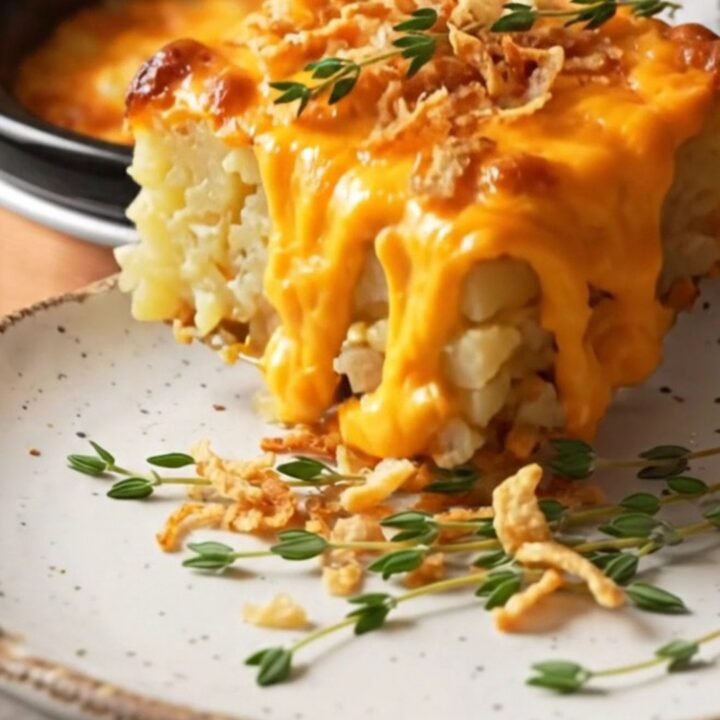 A close-up of a serving of smoked Gouda potato gratin with visible cheese ribbons and herbs.