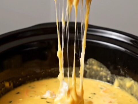 A warm, golden lobster thermidor fondue in a slow cooker, served with toasted brioche points.