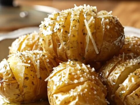 A close-up view of golden, buttery accordion-style baby potatoes in a bronze Crockpot, dusted with parmesan.