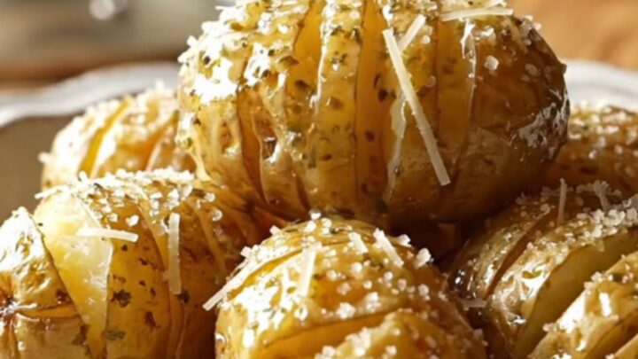 A close-up view of golden, buttery accordion-style baby potatoes in a bronze Crockpot, dusted with parmesan.