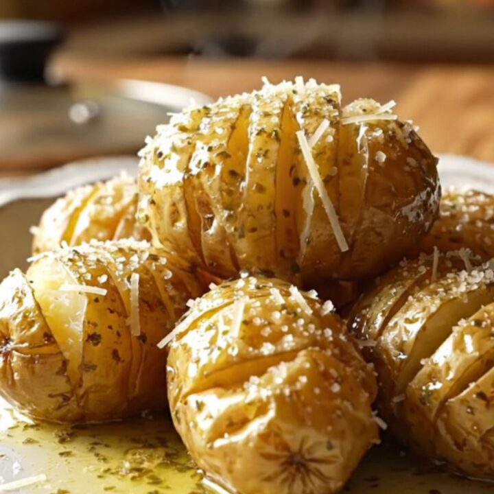 A close-up view of golden, buttery accordion-style baby potatoes in a bronze Crockpot, dusted with parmesan.