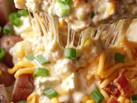 A close-up of creamy bacon ranch potatoes in a cream ceramic slow cooker with melted cheese stretching.