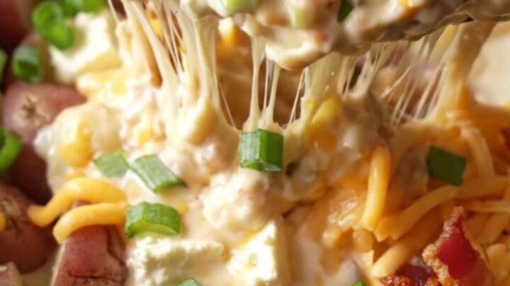 A close-up of creamy bacon ranch potatoes in a cream ceramic slow cooker with melted cheese stretching.