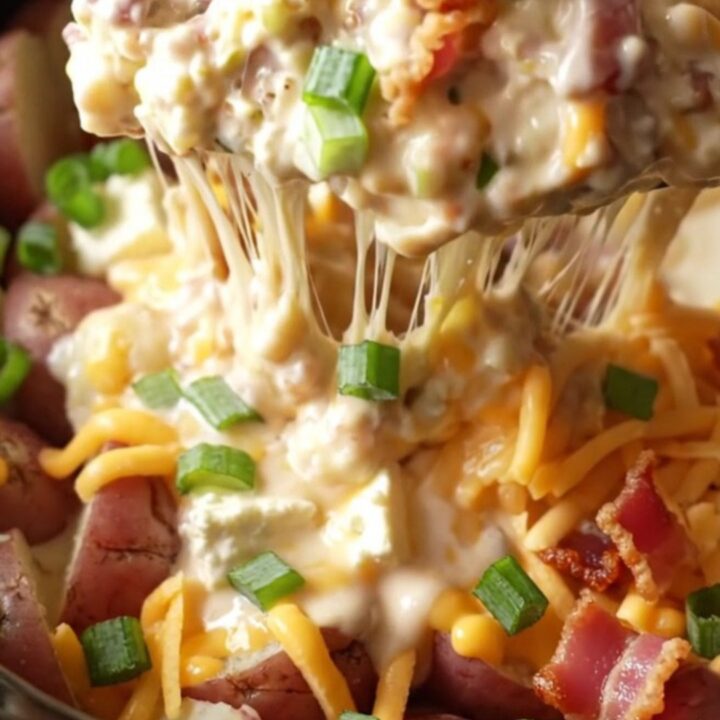 A close-up of creamy bacon ranch potatoes in a cream ceramic slow cooker with melted cheese stretching.