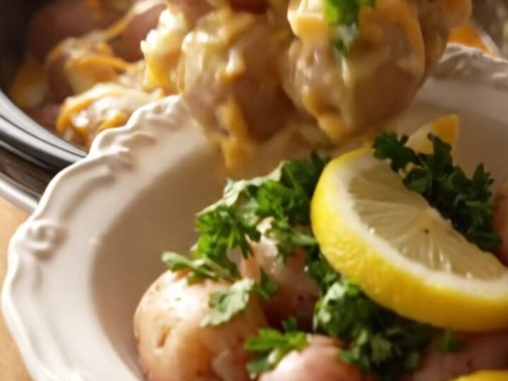 A close-up of tender baby red potatoes coated in a rich, cheesy Old Bay butter sauce inside a golden slow cooker.