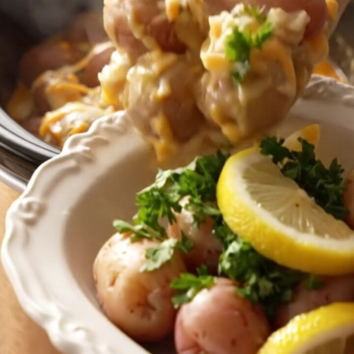 A close-up of tender baby red potatoes coated in a rich, cheesy Old Bay butter sauce inside a golden slow cooker.