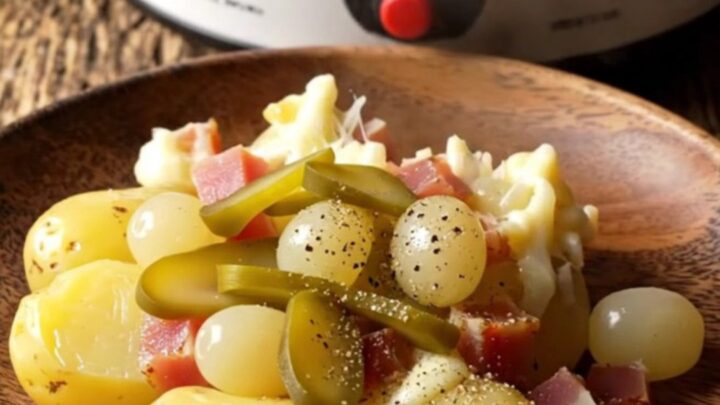 A rustic slow cooker filled with tender baby potatoes, smoky ham, and a thick, bubbly blanket of melted Raclette cheese.