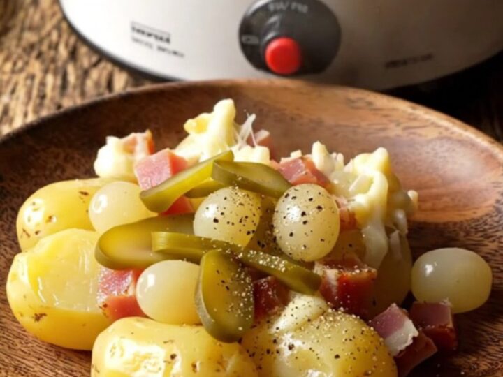 A rustic slow cooker filled with tender baby potatoes, smoky ham, and a thick, bubbly blanket of melted Raclette cheese.