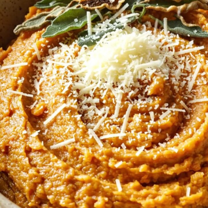 A rustic stoneware bowl filled with creamy, vibrant orange sweet potato mash topped with crispy sage leaves.