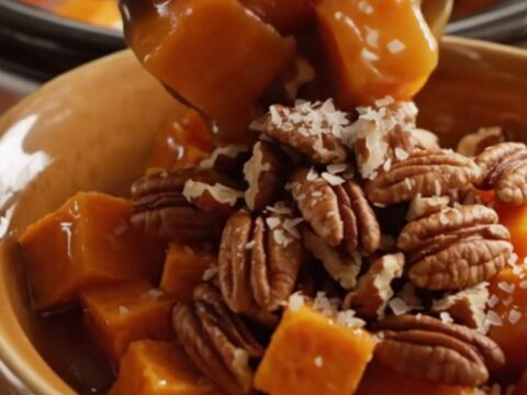 A close-up of glossy, glazed sweet potato cubes with toasted pecans in a copper slow cooker.