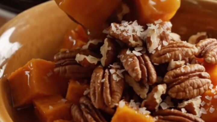 A close-up of glossy, glazed sweet potato cubes with toasted pecans in a copper slow cooker.