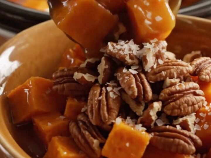 A close-up of glossy, glazed sweet potato cubes with toasted pecans in a copper slow cooker.