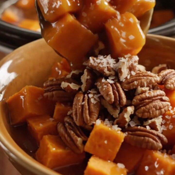A close-up of glossy, glazed sweet potato cubes with toasted pecans in a copper slow cooker.