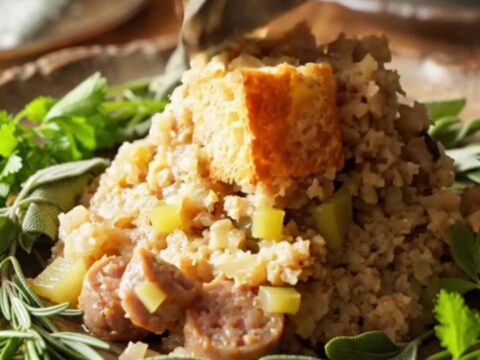 A close-up view of moist, golden-edged brioche and sausage stuffing in a white ceramic crockpot with rising steam.