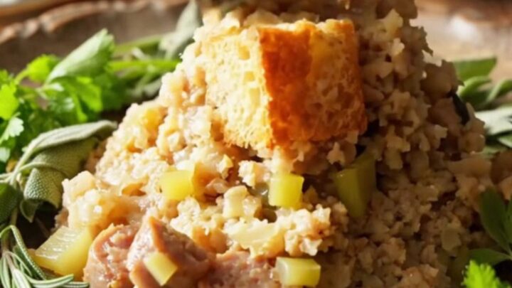 A close-up view of moist, golden-edged brioche and sausage stuffing in a white ceramic crockpot with rising steam.