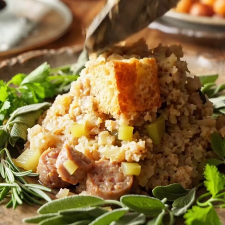 A close-up view of moist, golden-edged brioche and sausage stuffing in a white ceramic crockpot with rising steam.