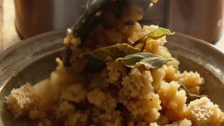 A close-up of golden, herb-infused sourdough stuffing in a navy-blue ceramic slow cooker.