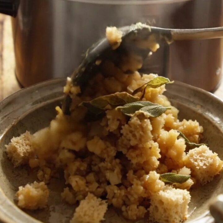 A close-up of golden, herb-infused sourdough stuffing in a navy-blue ceramic slow cooker.