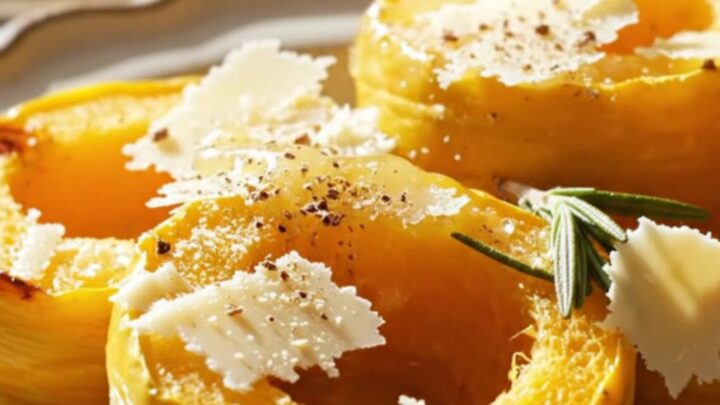 A close-up of tender, golden-brown acorn squash crescents in a cream-colored slow cooker.