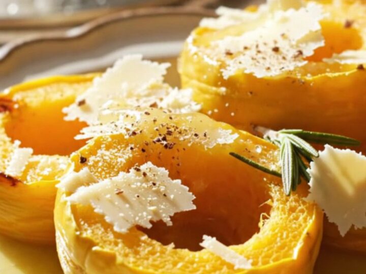 A close-up of tender, golden-brown acorn squash crescents in a cream-colored slow cooker.