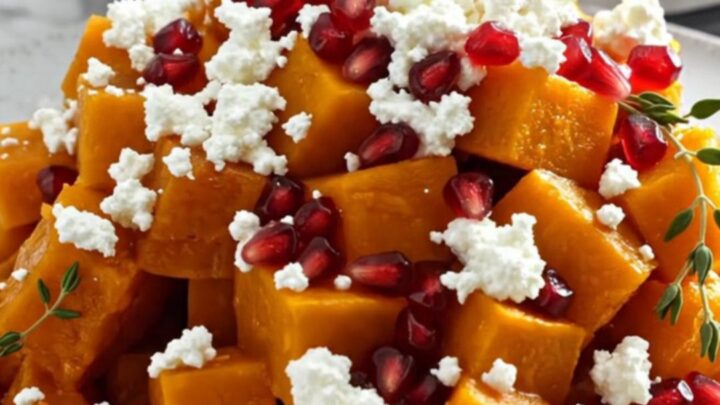 A close-up shot of golden, caramelized butternut squash cubes in a slow cooker, garnished with feta and pomegranate.