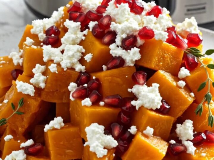 A close-up shot of golden, caramelized butternut squash cubes in a slow cooker, garnished with feta and pomegranate.