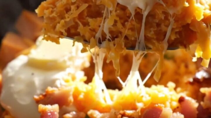 A rustic ceramic slow cooker filled with creamy mashed sweet potatoes topped with melted white cheddar, smoky bacon