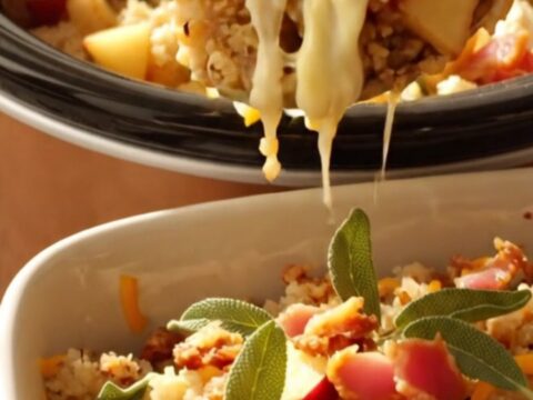 A close-up of slow-cooker stuffing in a ceramic dish, featuring visible sourdough cubes, melted white cheddar