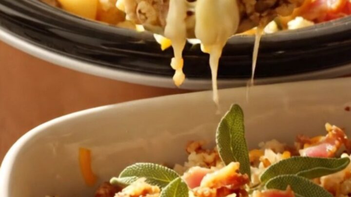 A close-up of slow-cooker stuffing in a ceramic dish, featuring visible sourdough cubes, melted white cheddar