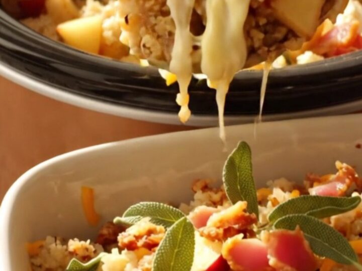 A close-up of slow-cooker stuffing in a ceramic dish, featuring visible sourdough cubes, melted white cheddar